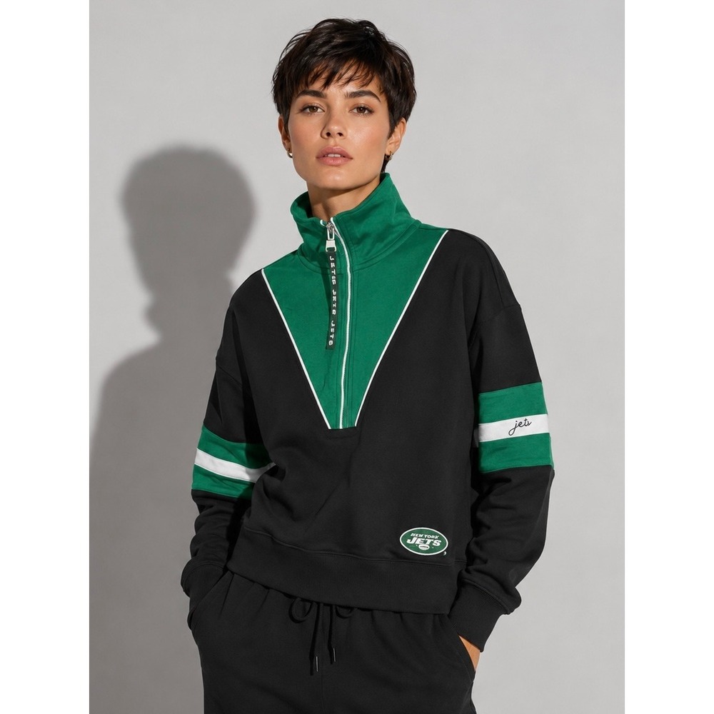 WEAR by Erin Andrews NFL New York Jets Quarter Zip Sweatshirt Black Green Medium